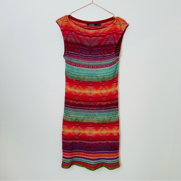 Lauren Ralph Lauren Rainbow Indian Blanket Aztec knitted Dress Sleeveless - Picture 3 of 6